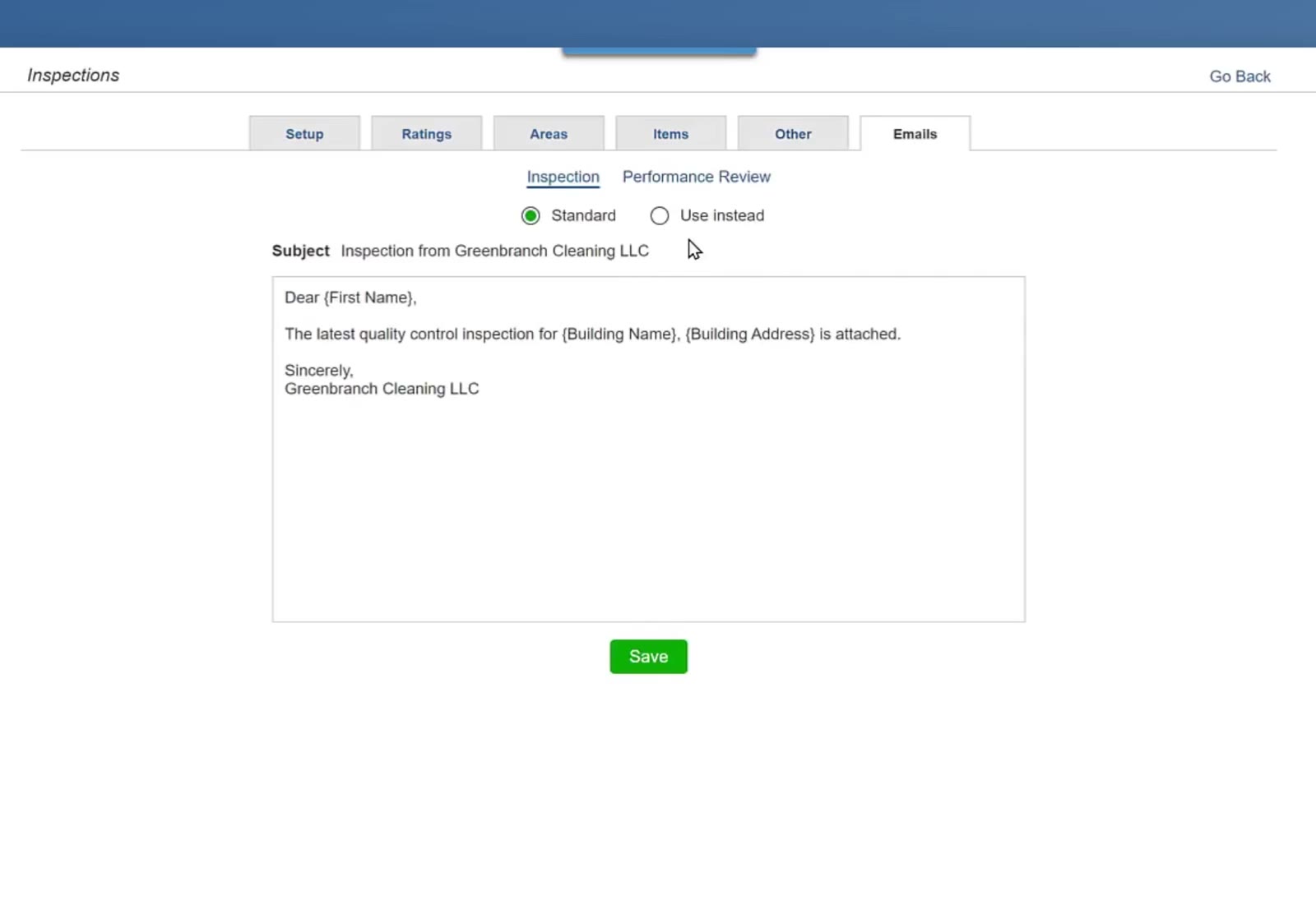 The Inspection email has a Standard or Use Instead choice above the subject and message.
