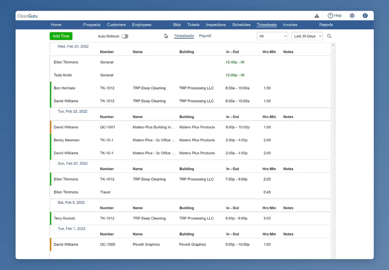 The Timesheets tab, grouped by date, with Auto Refresh off.