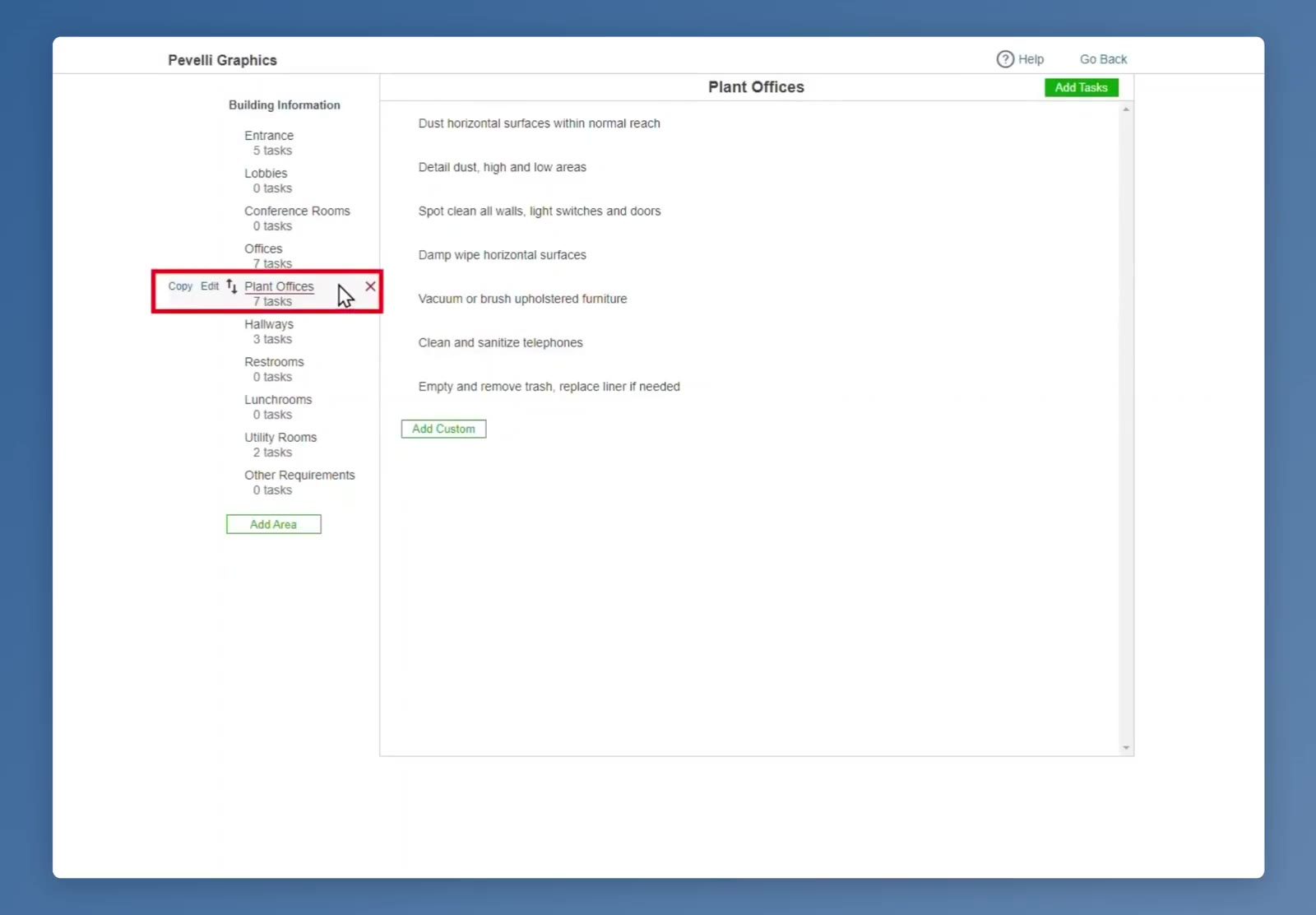 An area’s task list once tasks have been added, with Add Custom at the foot of it.