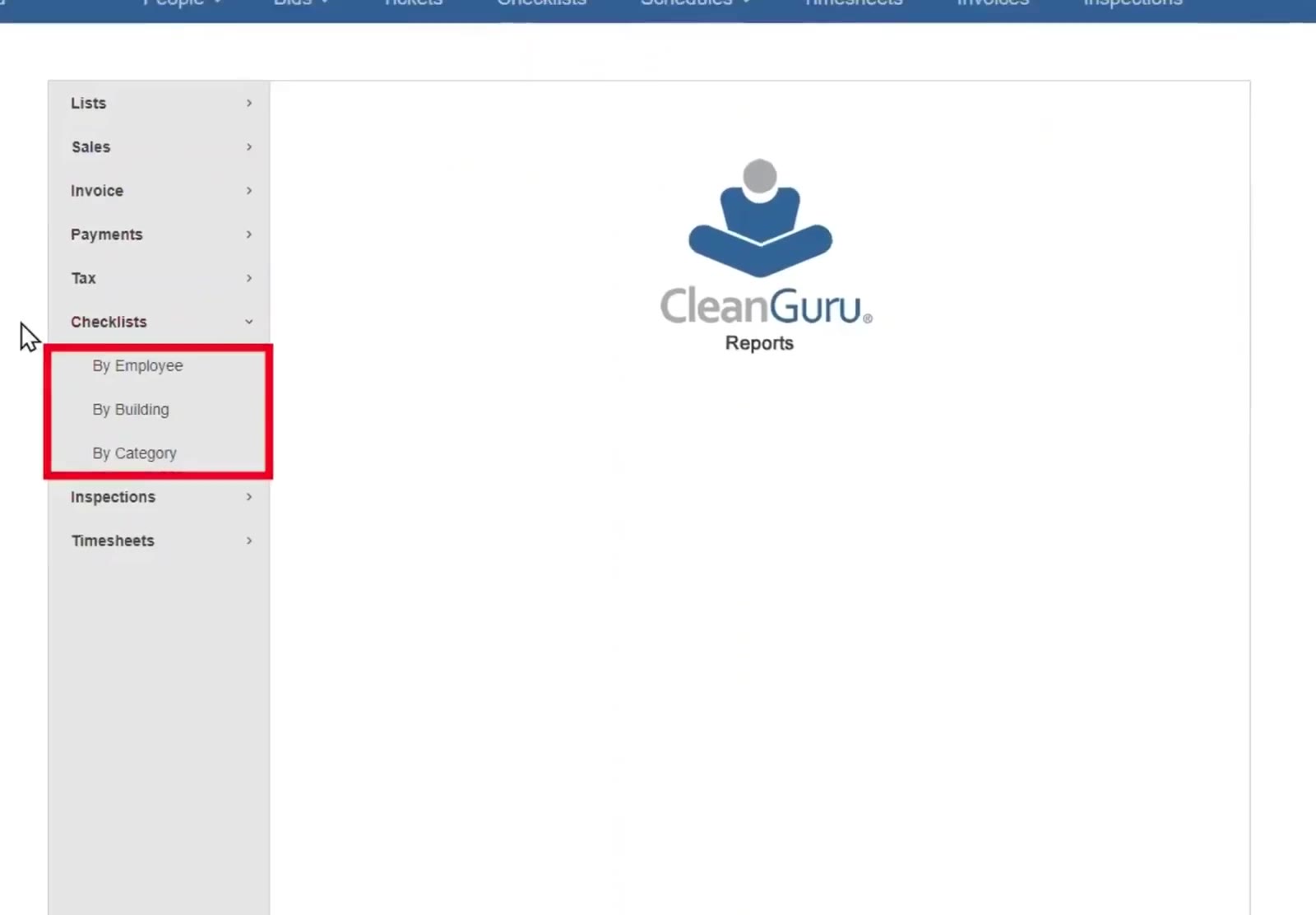 Reports groups checklist reporting into By Employee, By Building and By Category.