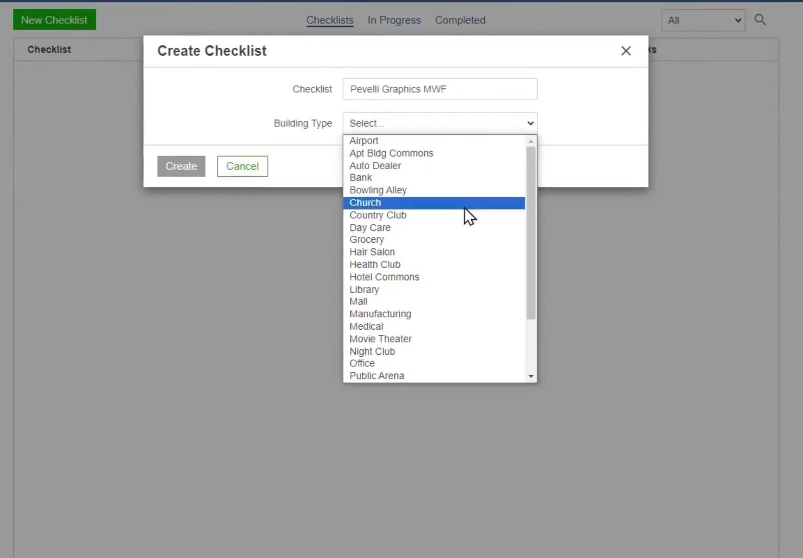 The Building Type list sets which standard areas the checklist starts with.