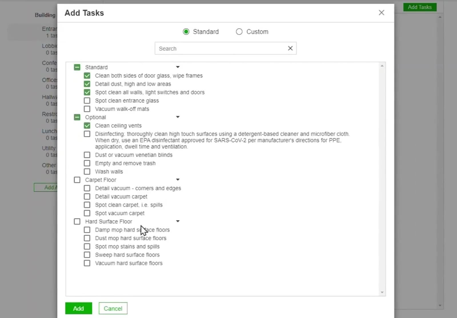 The Add Tasks dialog: Standard and Custom at the top, then the categories and a search box.