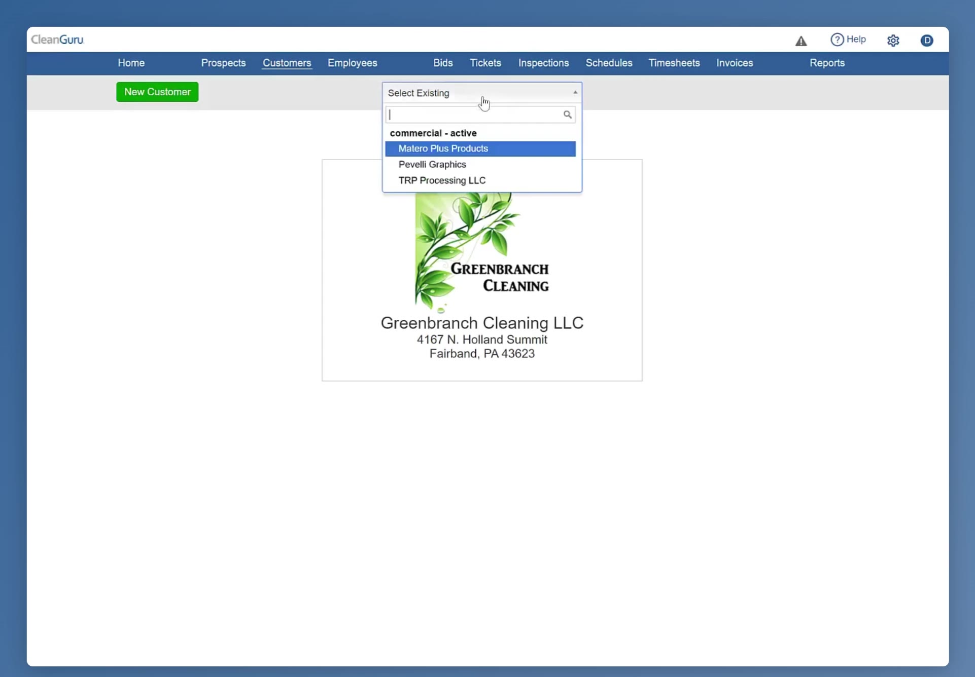 The Select Existing dropdown lists the customers you can open, grouped by type.