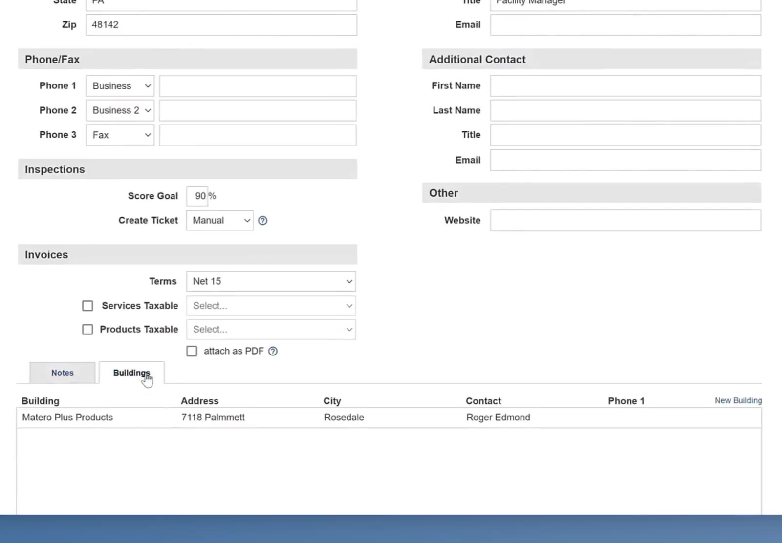 Notes and Buildings sit as a pair of tabs at the bottom of the profile. The New Building link is at the right-hand end of the table header.