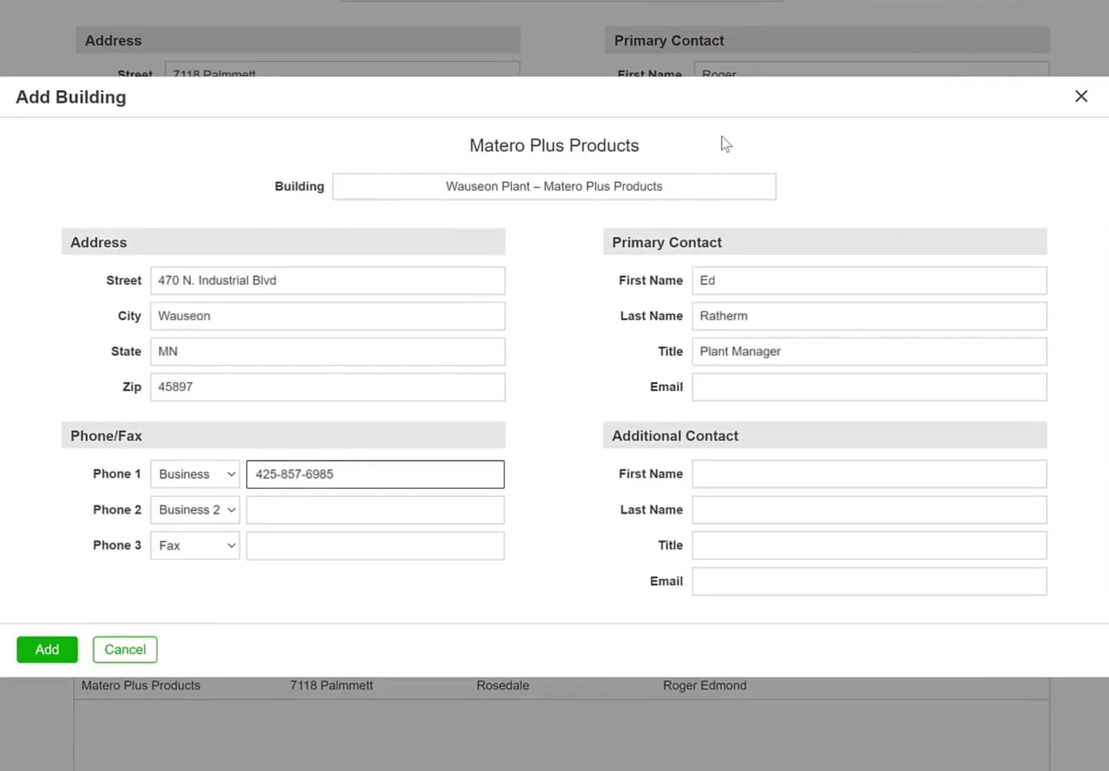 Enter the site's own contact under Primary Contact, and its numbers under Phone/Fax.