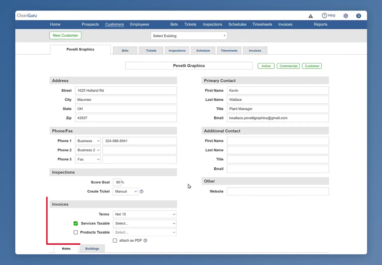 The Invoices section sits on the left of the customer record, under Inspections.