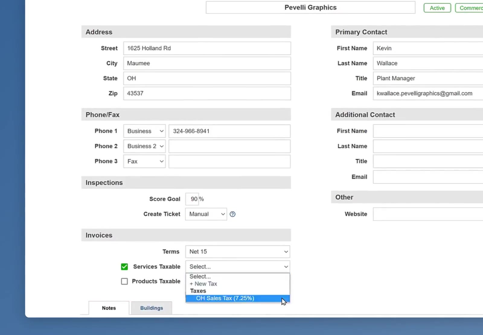 The tax dropdown lists your existing taxes with + New Tax above them.