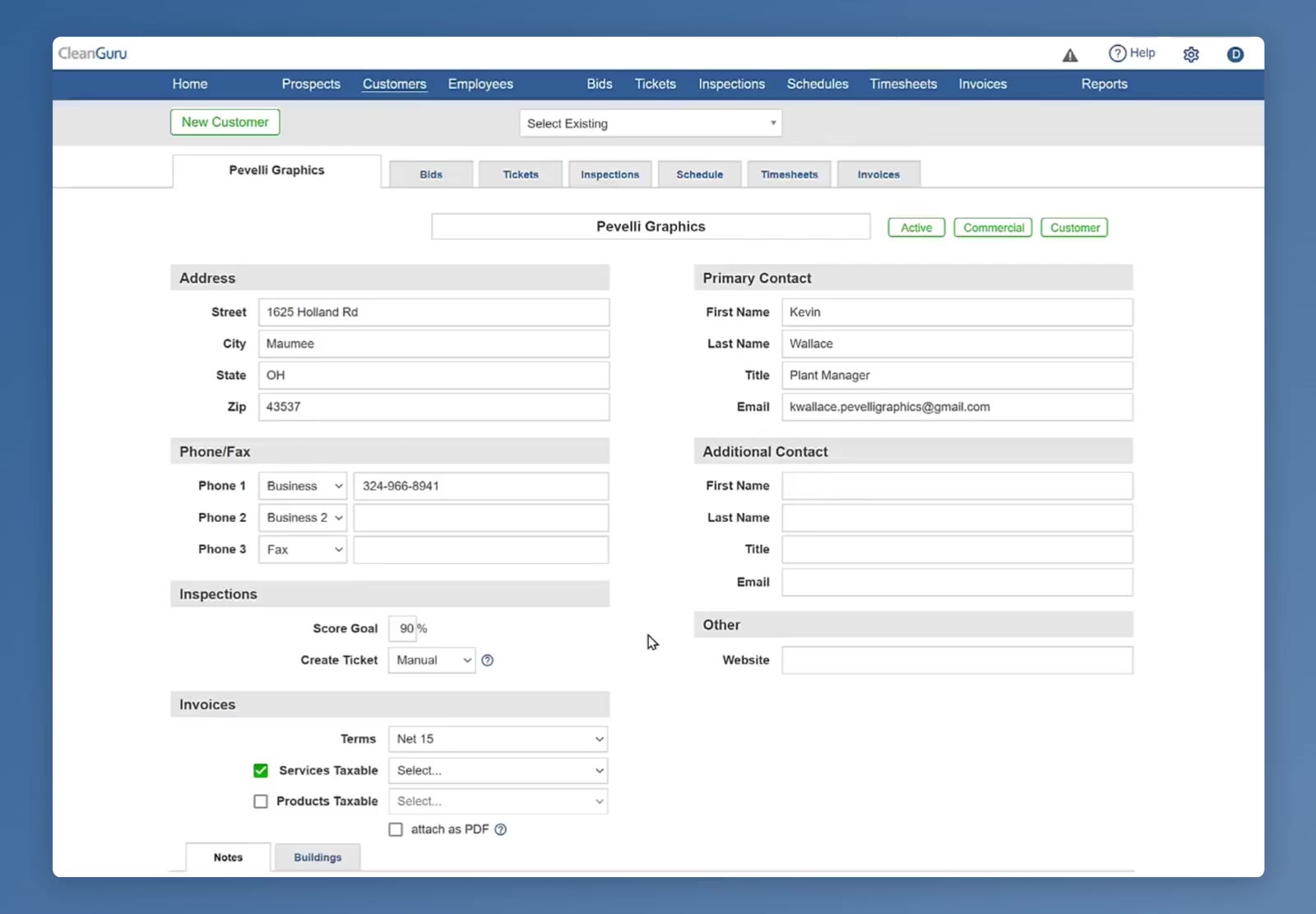 The customer record opens with the address and contact details at the top.