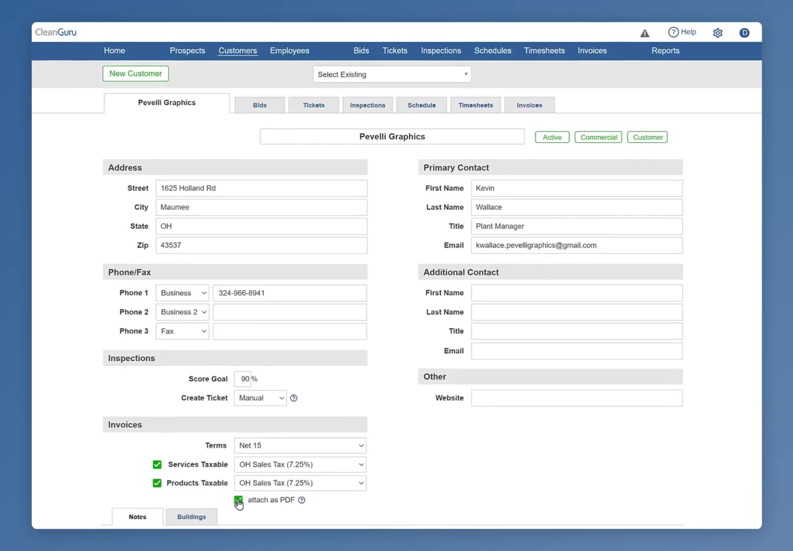 The finished Invoices section, with terms set, both tax rows filled in and attach as PDF ticked.