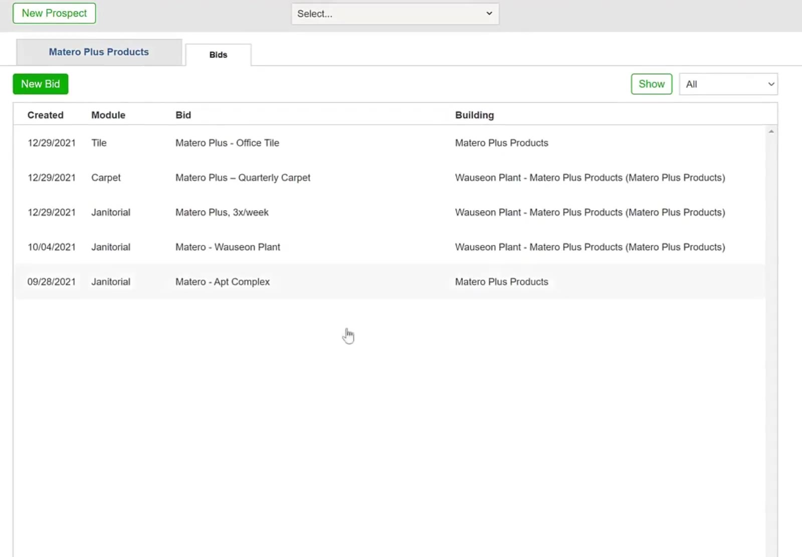 The customer’s Bids list, one row per bid.