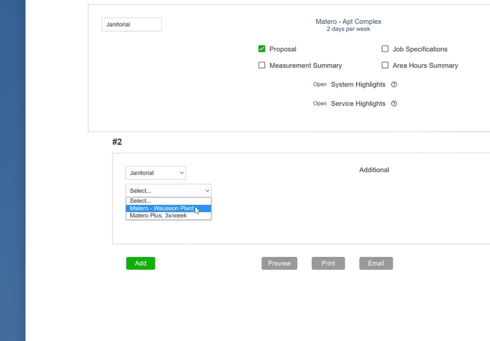 The Select list holds this customer’s bids in the chosen module, for the primary building or a sub-building.