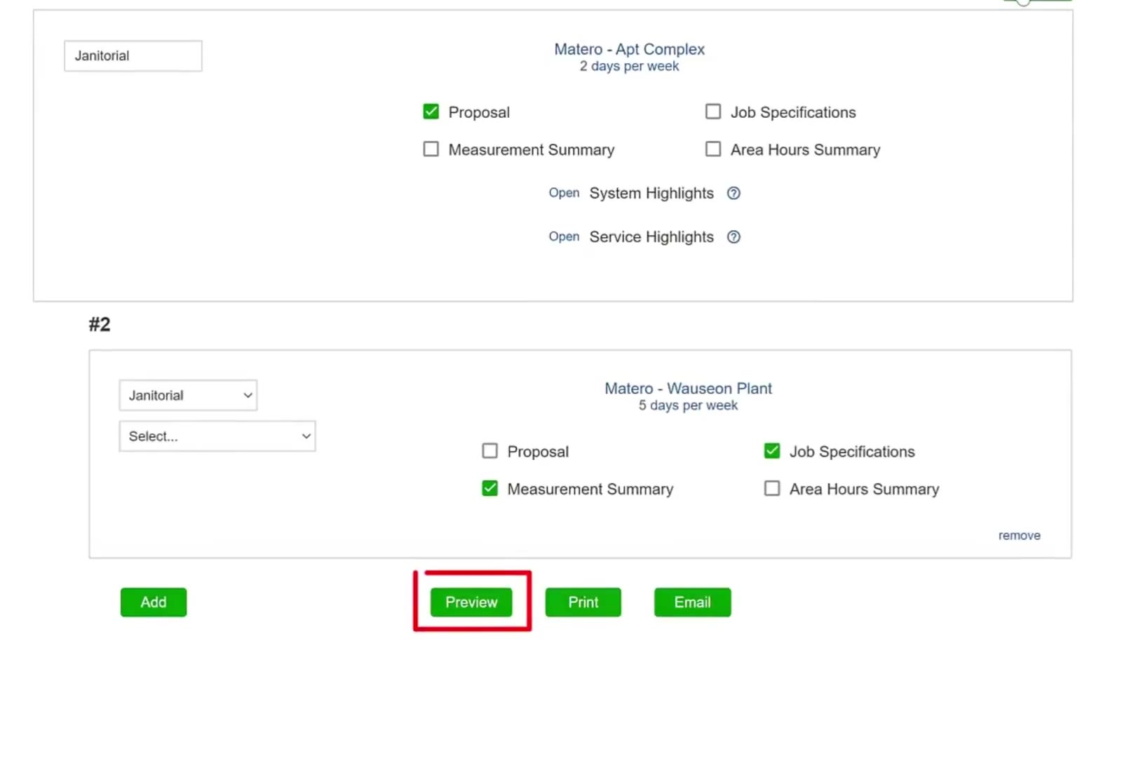 Preview, Print and Email sit at the bottom of the Combined Bid screen.