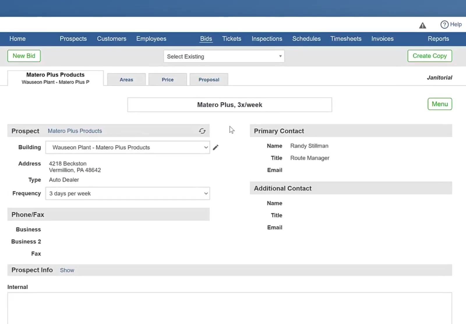 The Areas tab is located at the top of the bid summary screen.