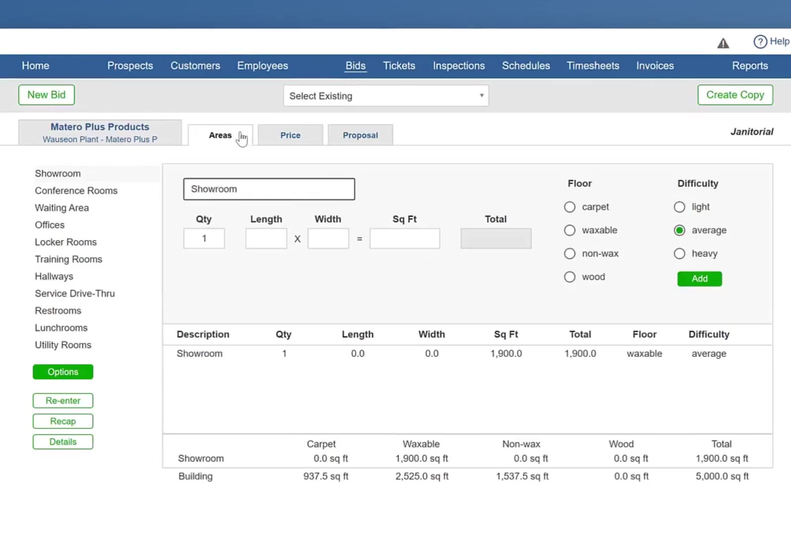 The Areas tab opens onto the bid's existing areas and their measurements.