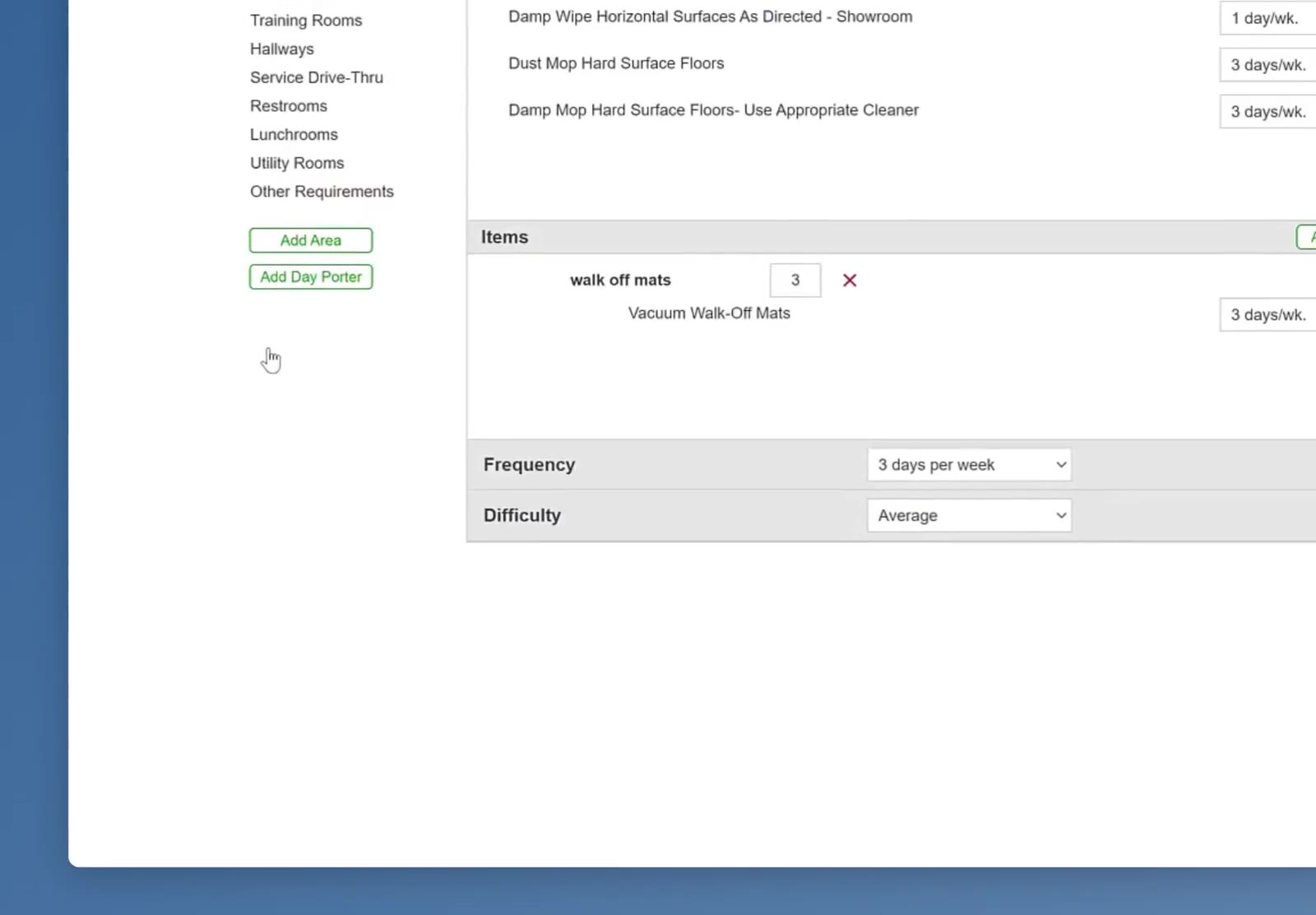 Clicking Options in the left sidebar reveals the Add Area and Add Day Porter buttons.