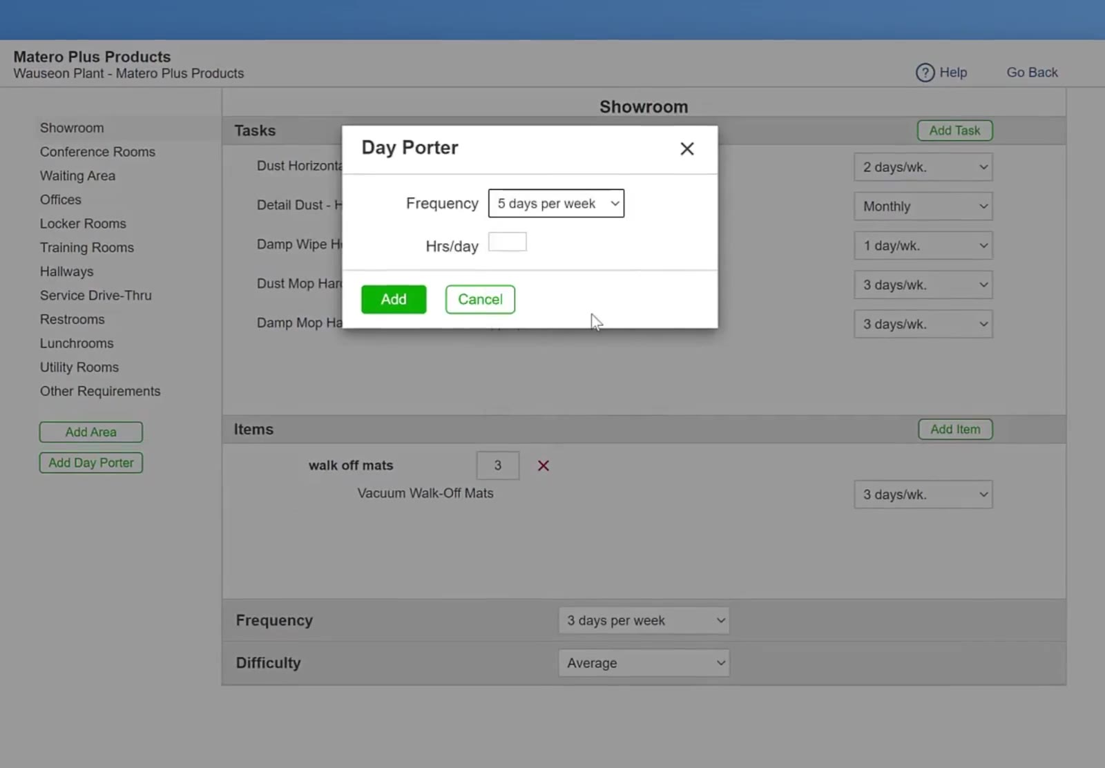 The Day Porter modal contains the Frequency dropdown and the Hrs/day field.