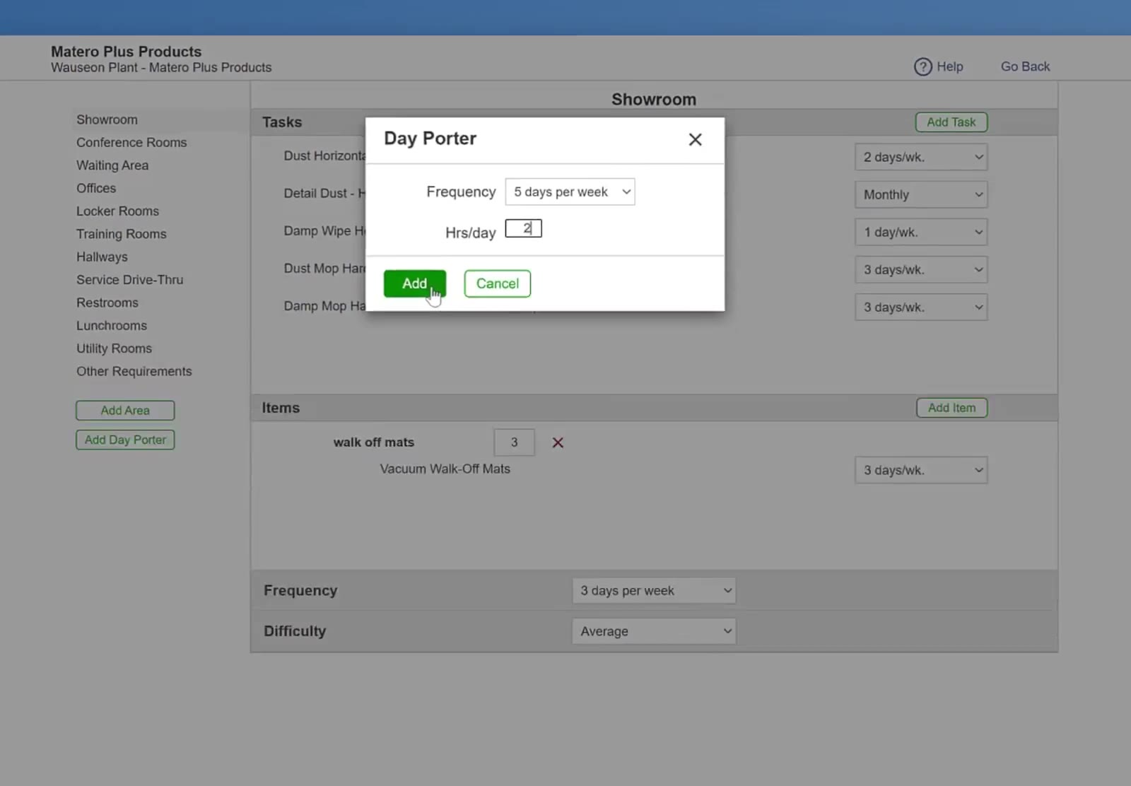 The green Add button is located at the bottom of the Day Porter modal.