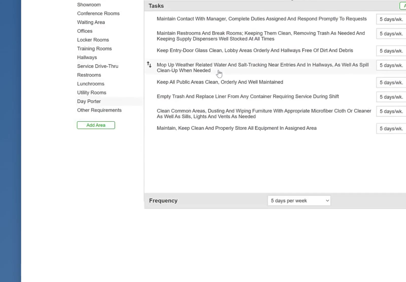 The Day Porter task list displays specialized daytime cleaning tasks with frequency settings.