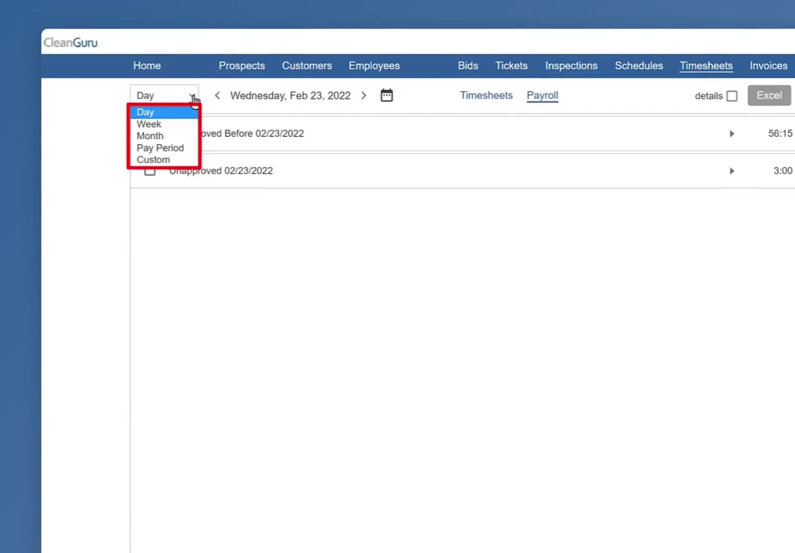 The period dropdown open on the Payroll screen.