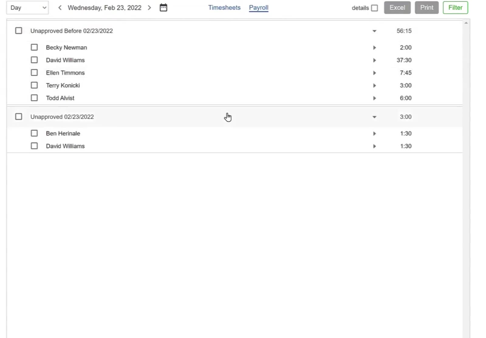 A group expanded into the individual employees and their totals.