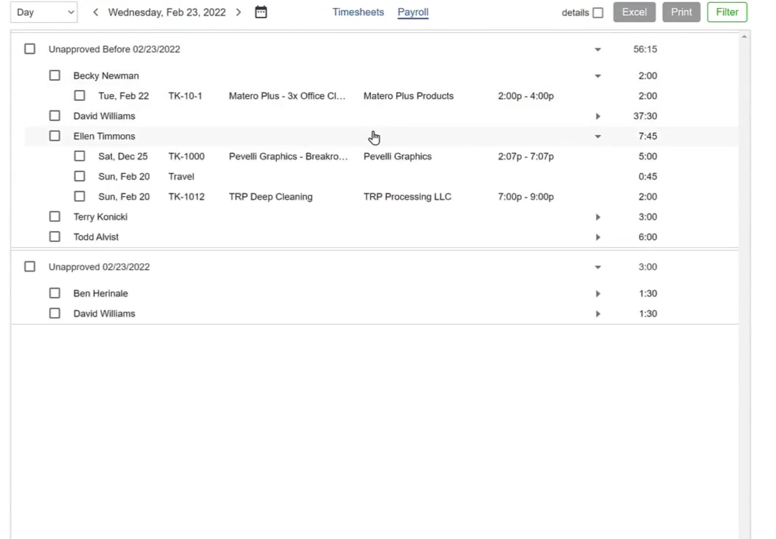 One employee expanded, showing each entry with its date, ticket, building and time range.
