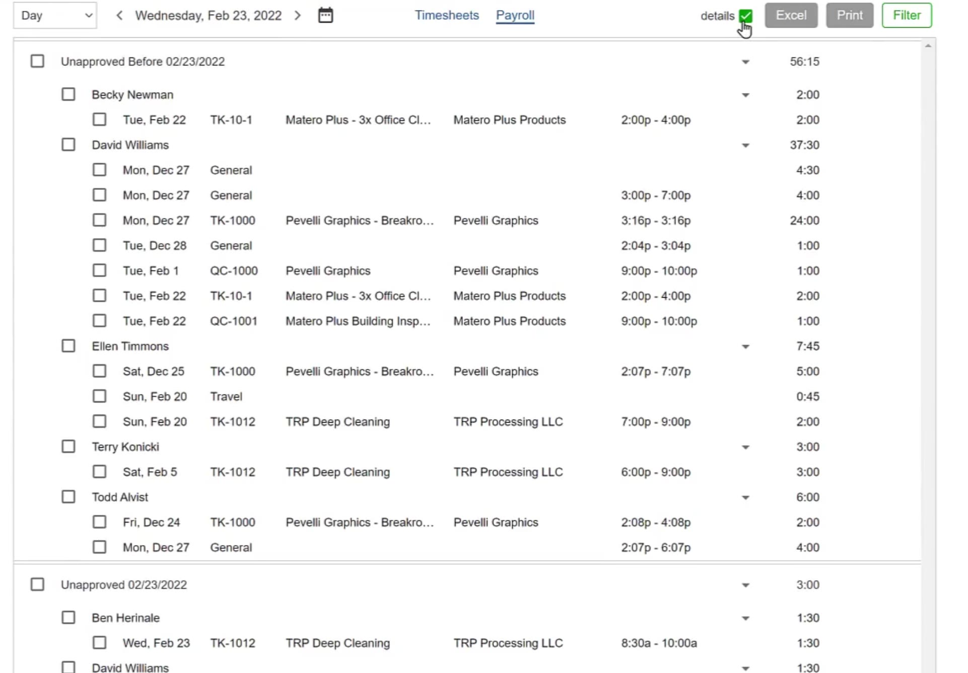 The details checkbox ticked, expanding every group and every entry at once.