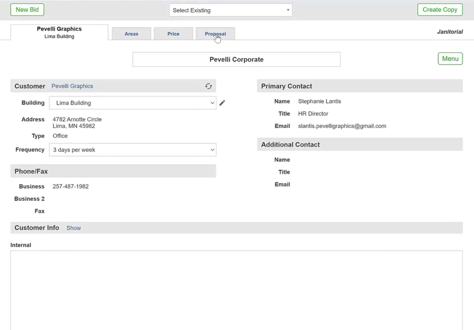 The Proposal tab sits alongside the Areas and Price tabs at the top of the bid screen.