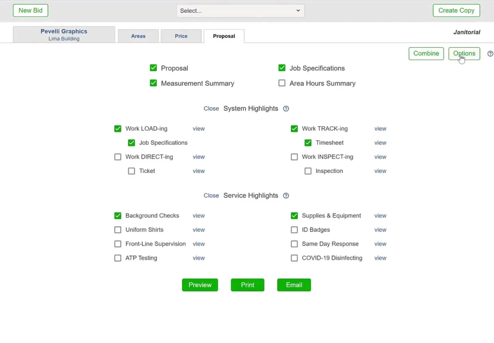 Click the Options button in the top-right corner to open the customization menu.