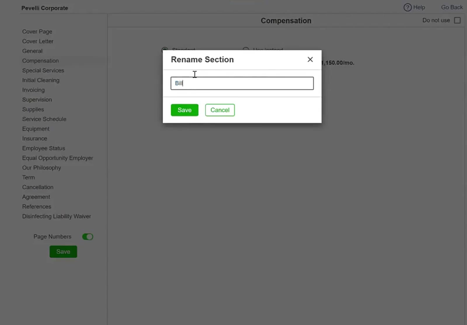 Use the Rename Section window to enter a new title for any proposal section.