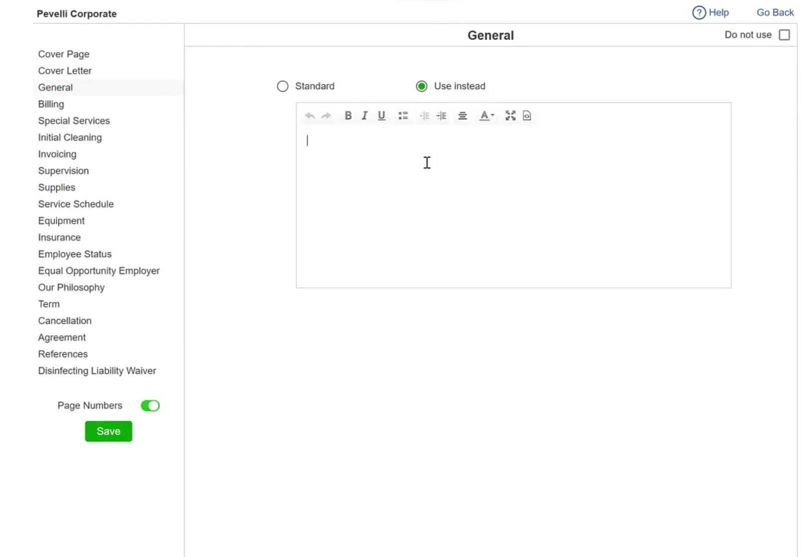 With Use instead selected, the section's text editor replaces the standard wording.