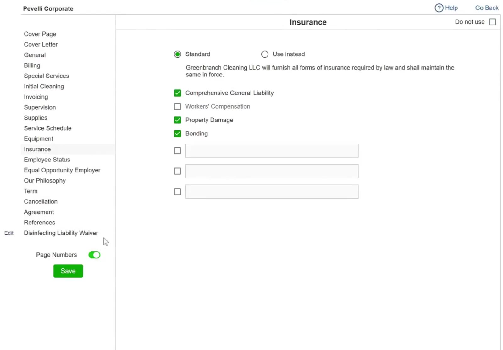 Manage Insurance coverage checkboxes and toggle Page Numbers at the bottom of the sidebar.