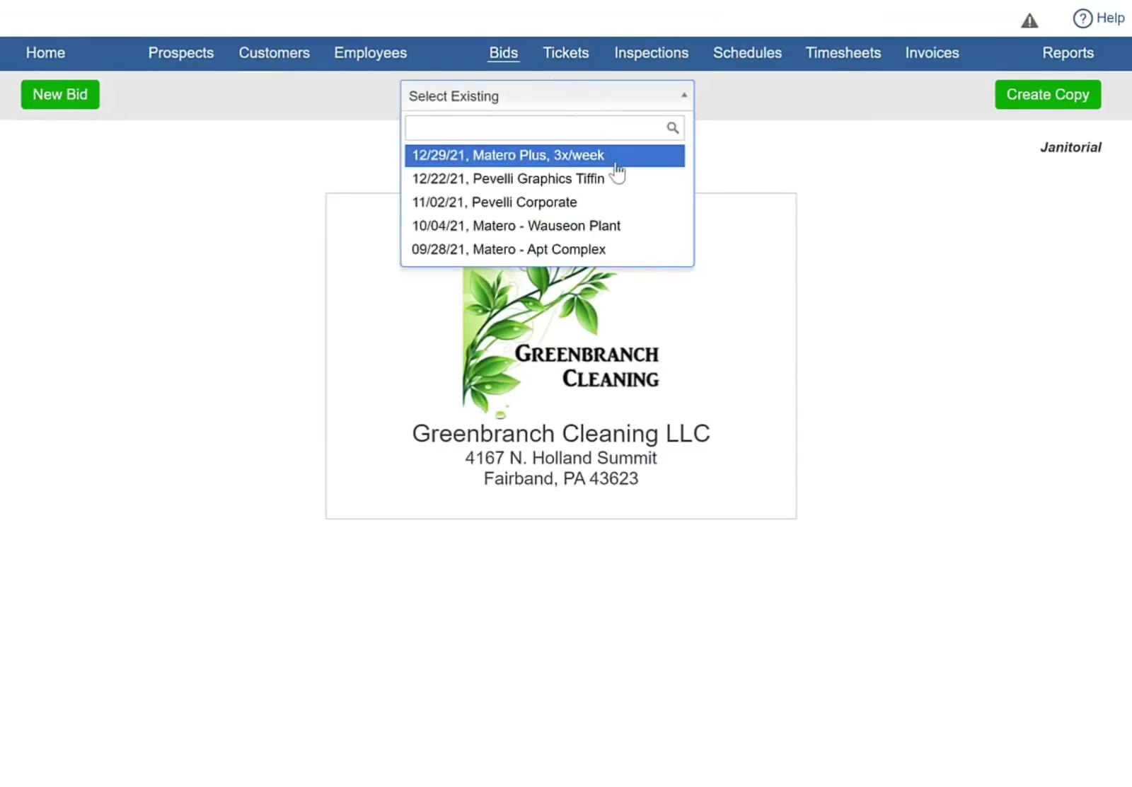 Select Existing lists every bid in that module with the date it was created.