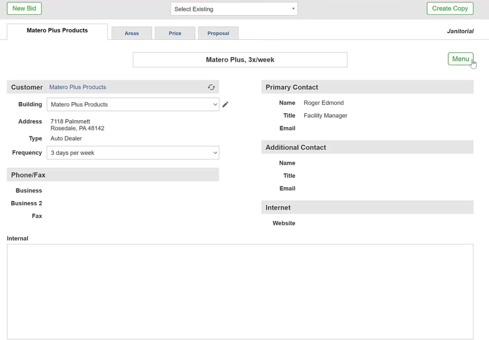 The Menu button sits at the top right of the bid details page.
