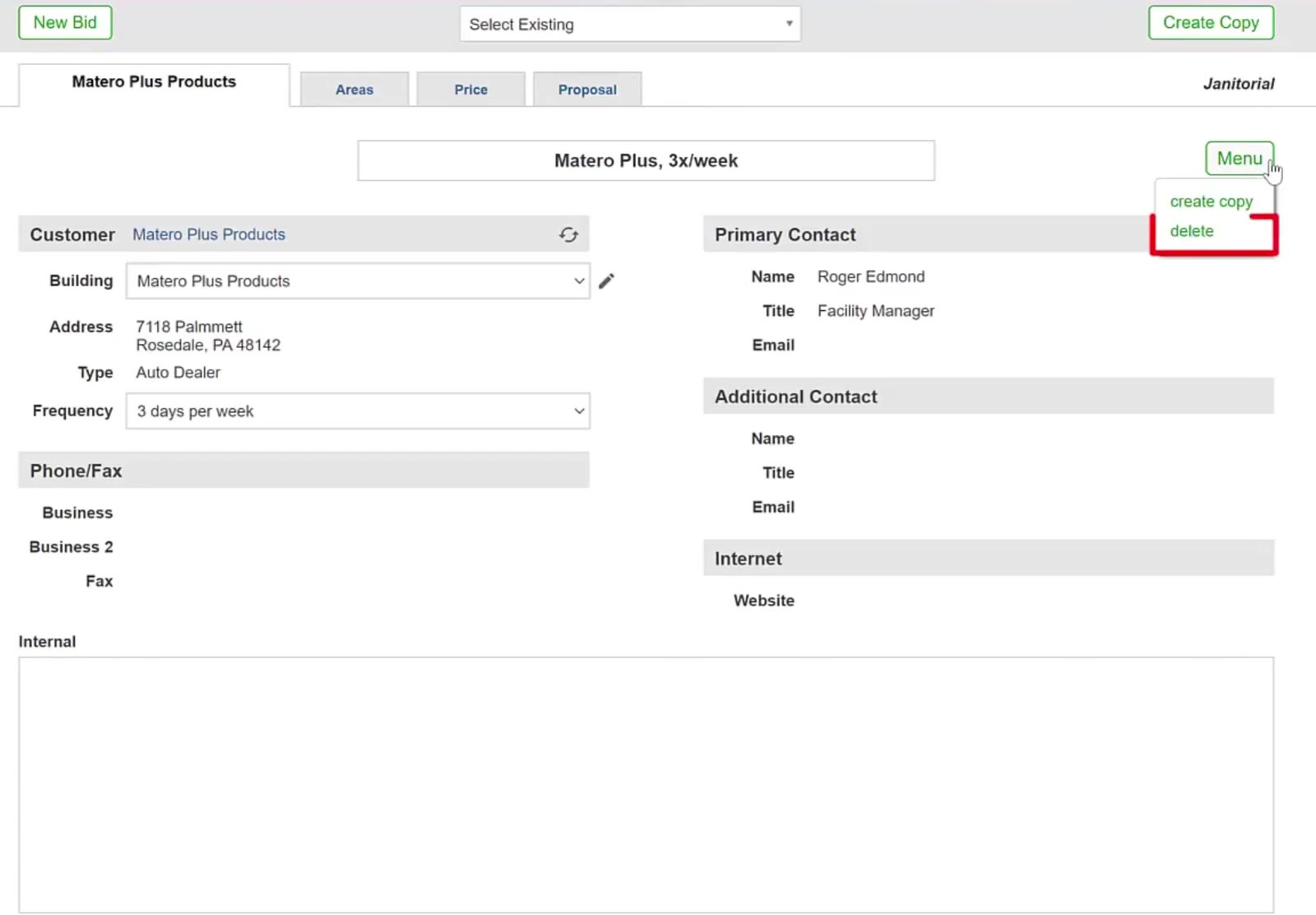 The menu offers create copy and delete.