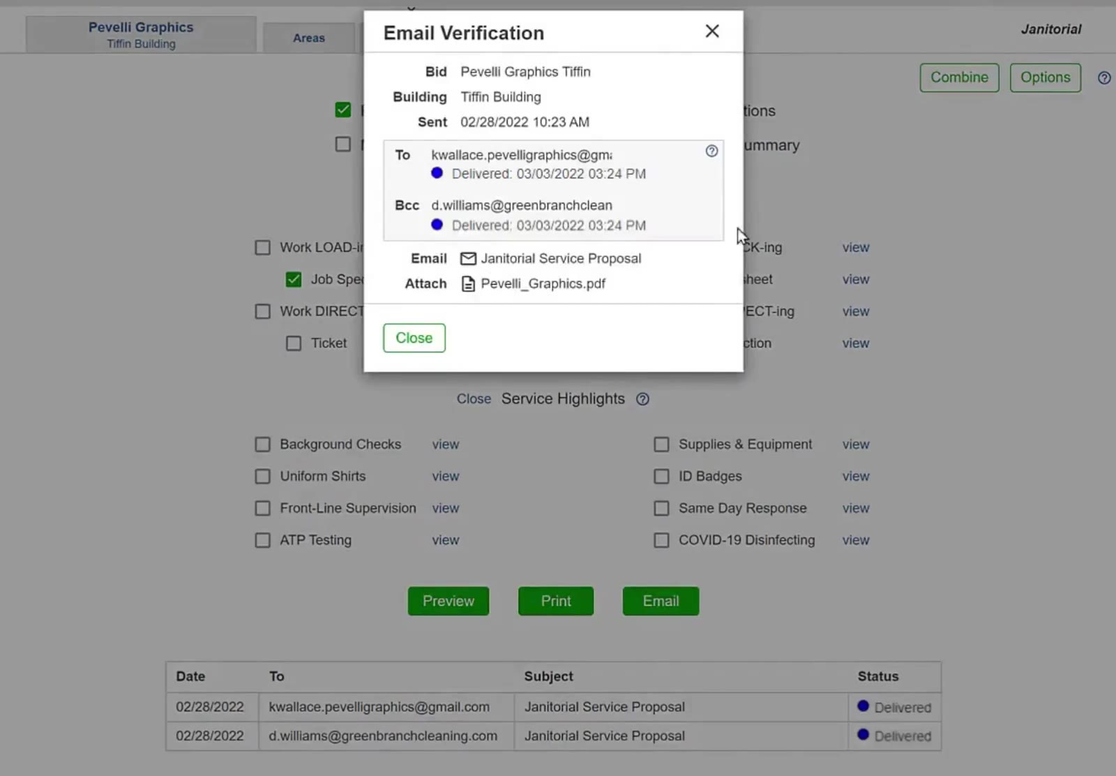 The Email Verification window lists each recipient with its own status and timestamp, plus the subject and attachment.