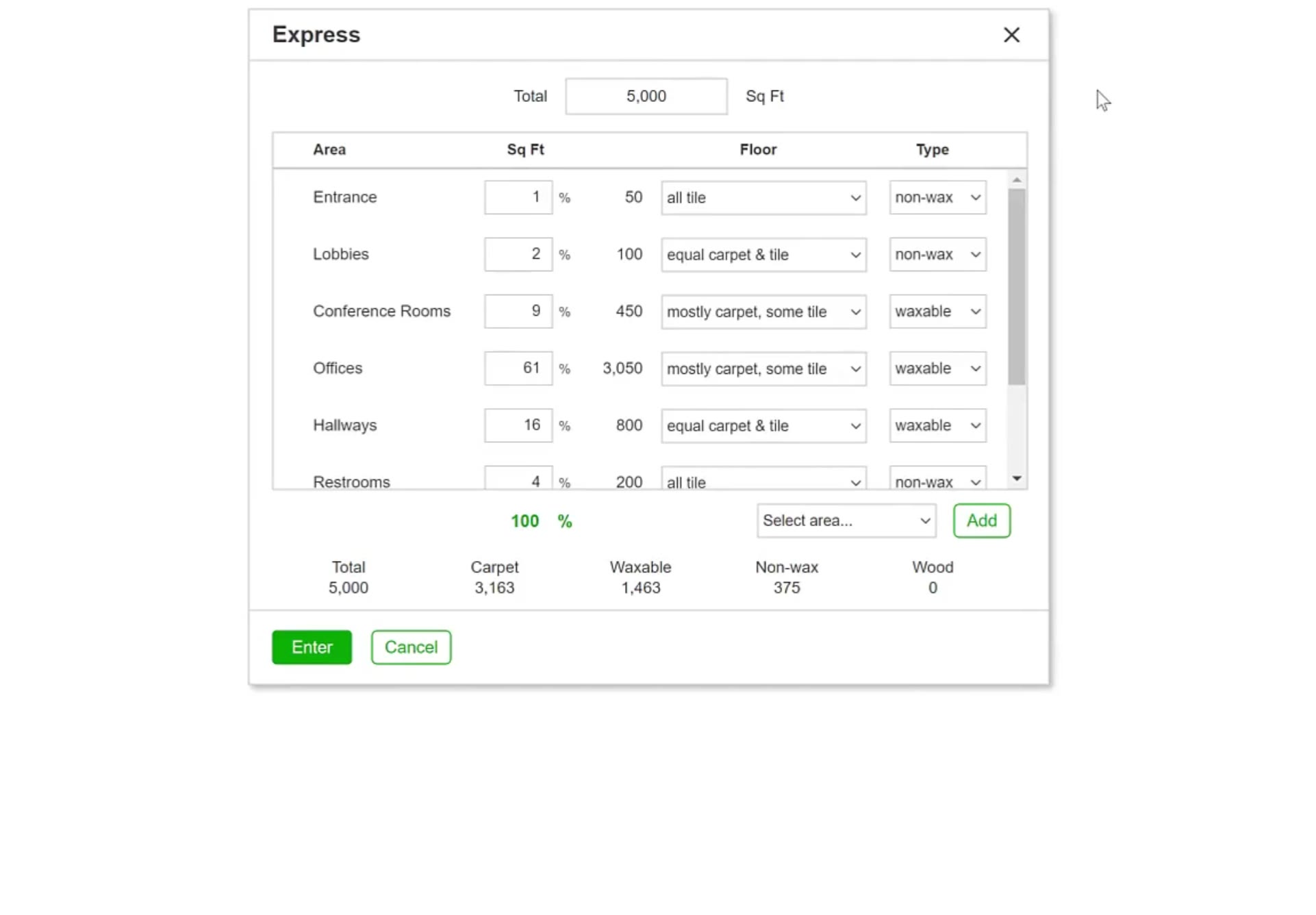 Entering the total spreads it across the usual areas and fills in the square footage for each.