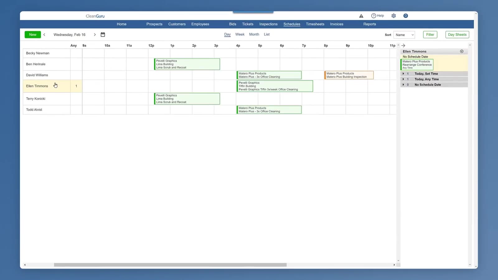 Clicking a cleaner's name opens a panel on the right listing that cleaner's assigned work.