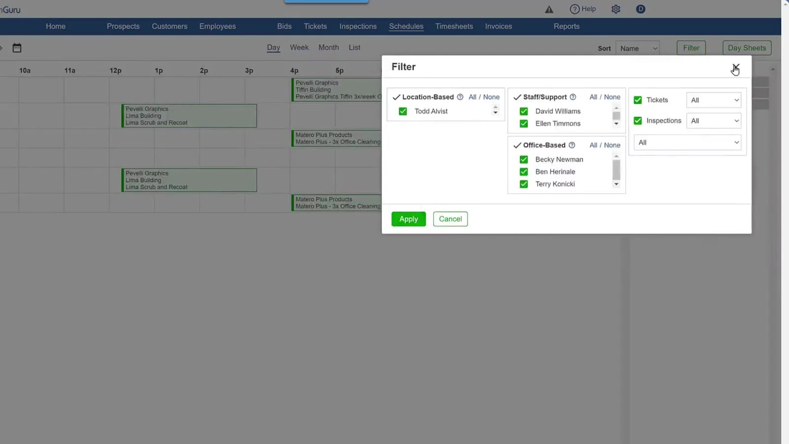 The Filter dialog lists staff categories and work types used to customize the timeline view.