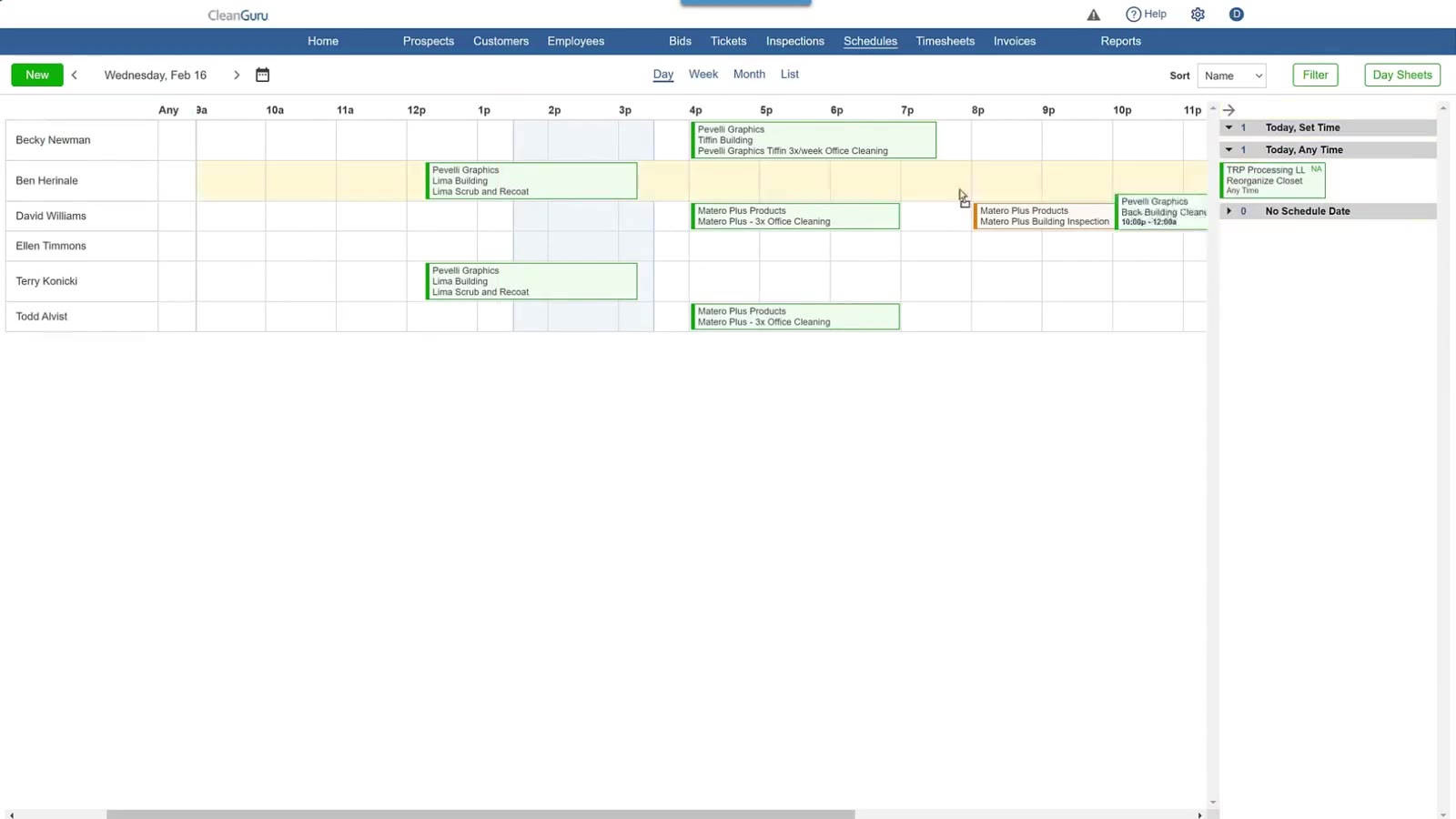 A ticket is dragged from the side panel onto the timeline to assign it to a specific cleaner and start time.