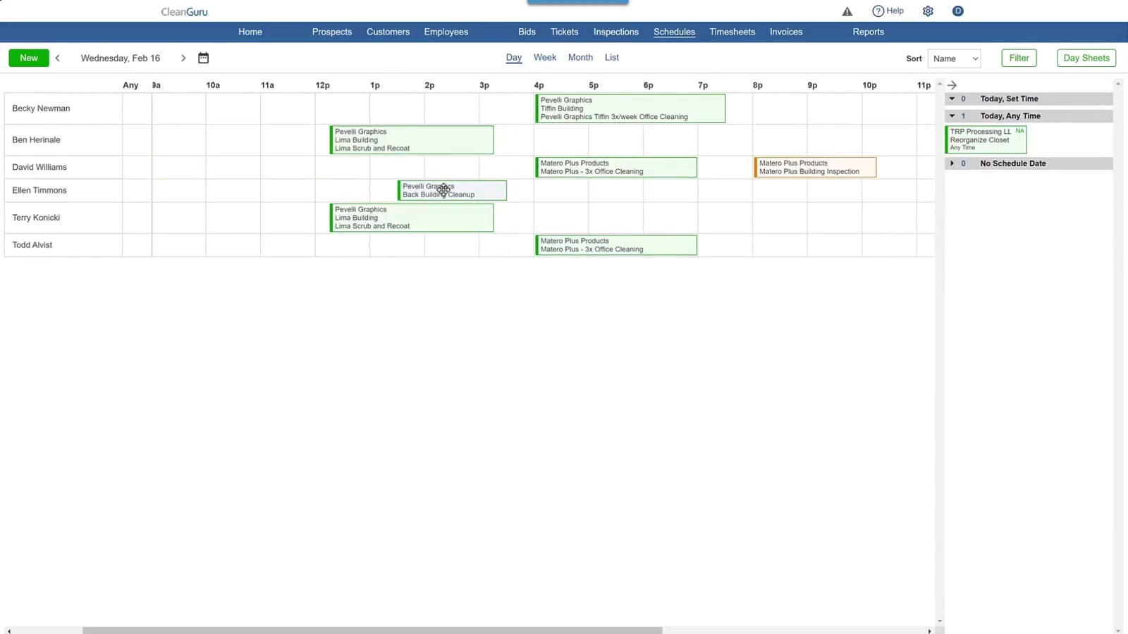 Color-coded blocks on the timeline represent active tickets in green and inspections in orange.