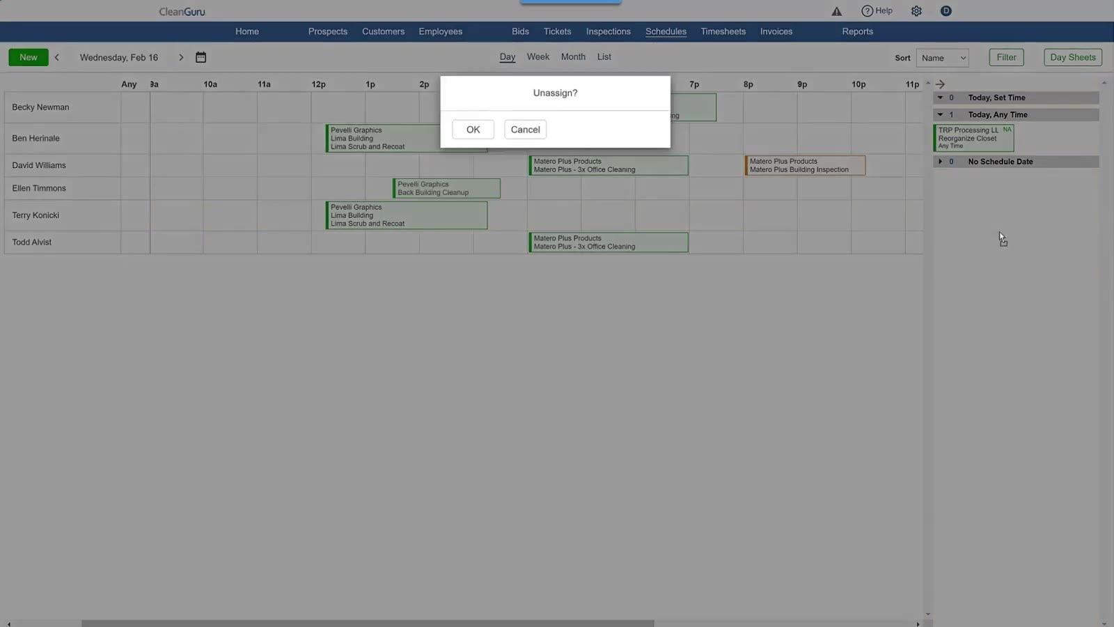 An assigned job block is moved from the schedule back to the side panel to remove it from the cleaner's day.
