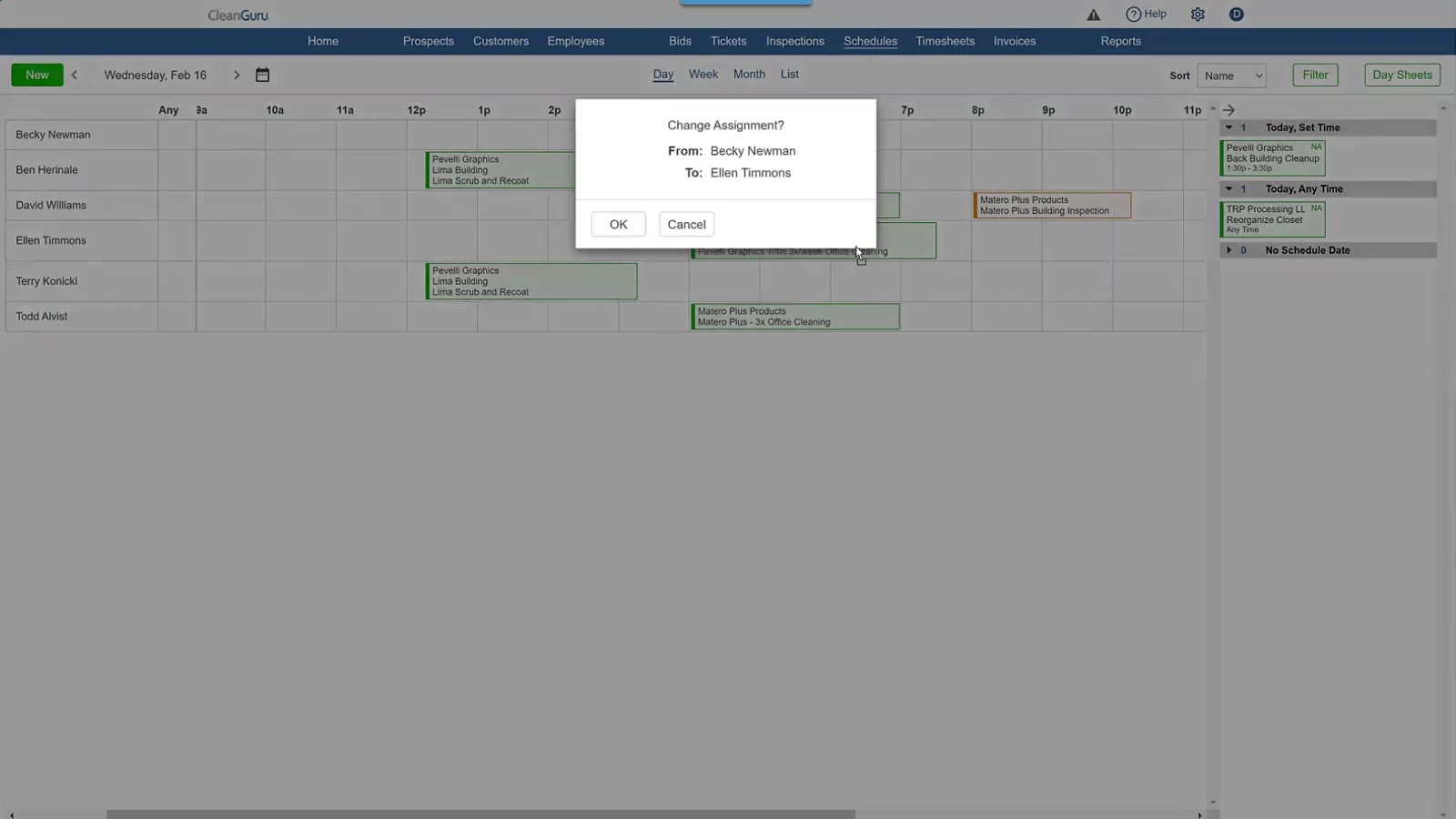 A job block is moved vertically to transfer the assignment between different cleaners.