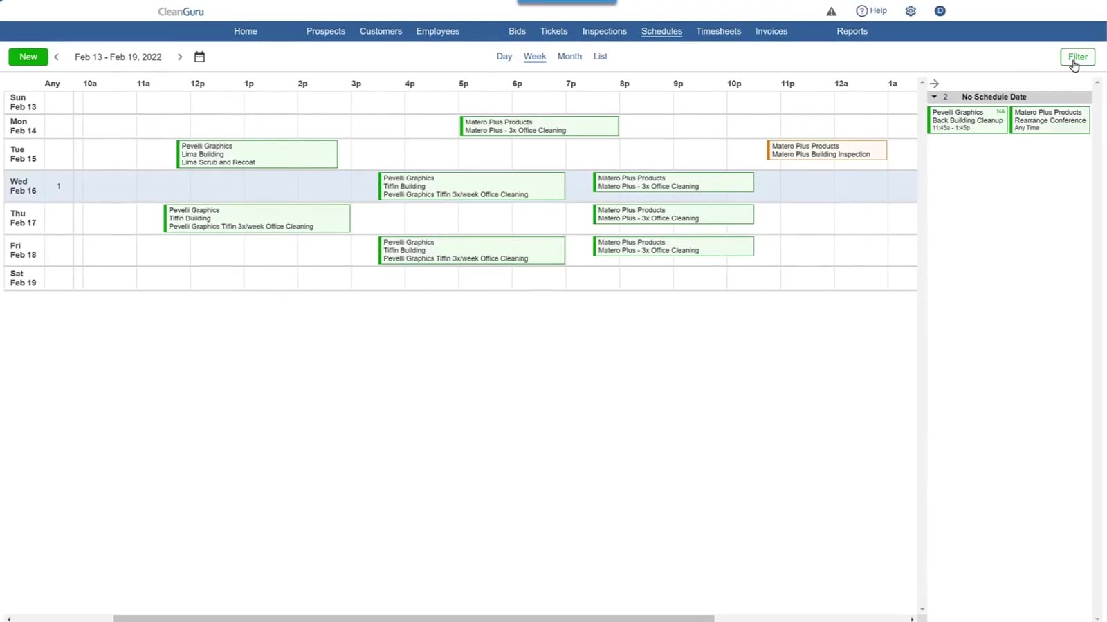 Filter sits at the top right of the Week View, above the calendar.