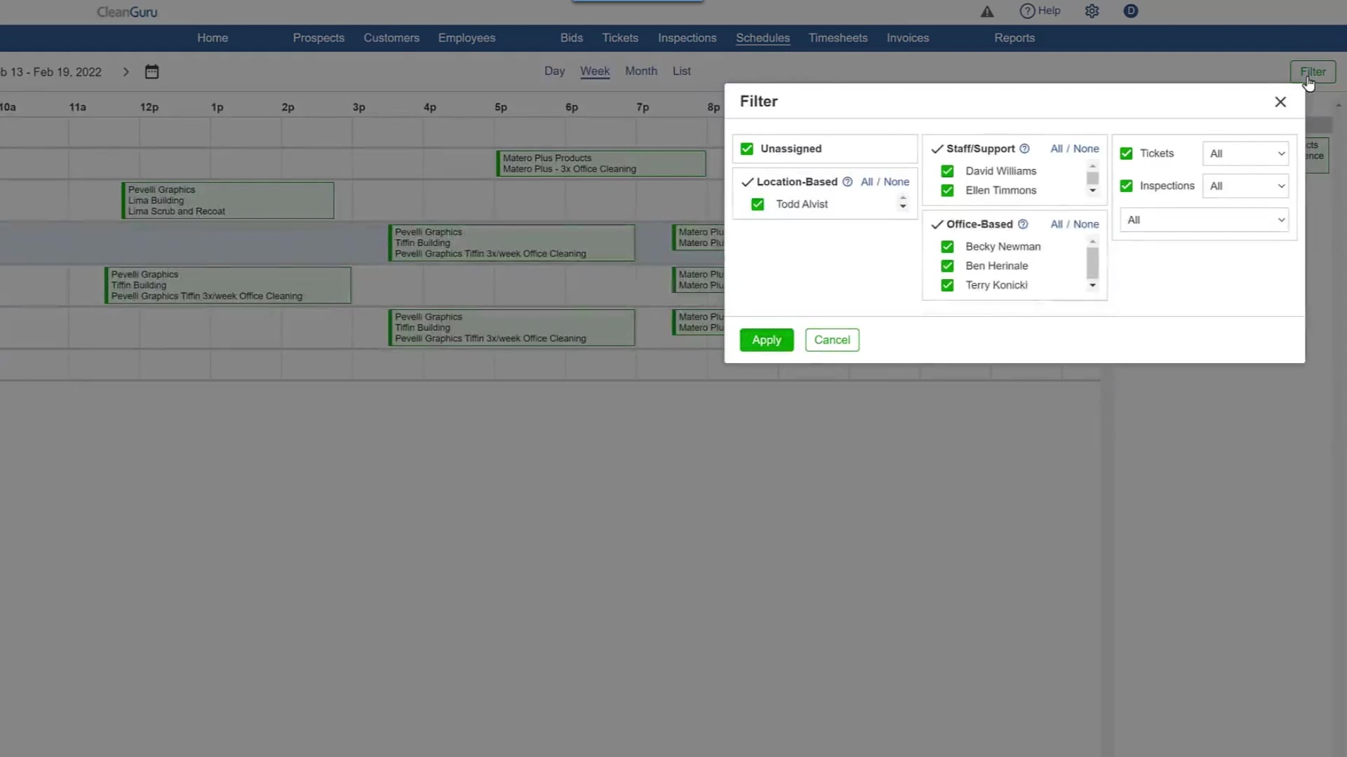 The Filter dialog: Unassigned on its own, your employees grouped by type in the middle, and Tickets and Inspections on the right.