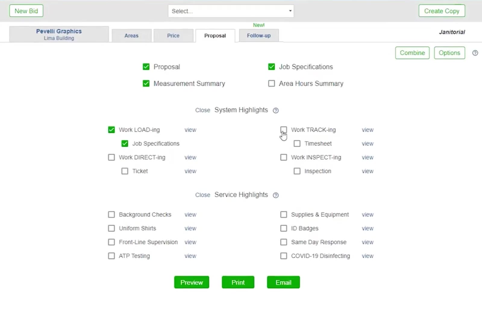The Proposal tab: the document checkboxes at the top, then the System Highlights and Service Highlights lists.