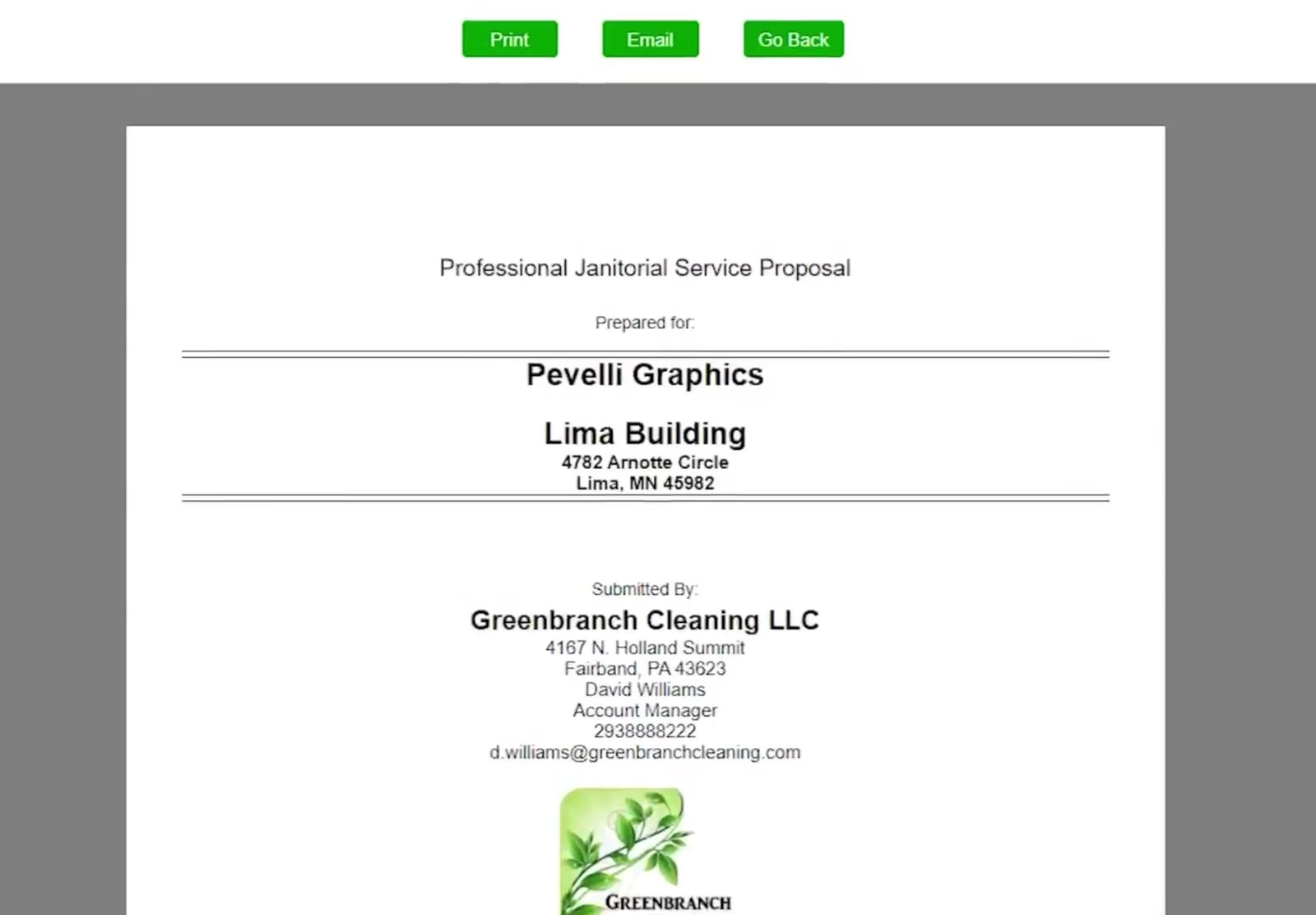 The finished proposal’s cover page in the preview, with Print, Email and Go Back above it.