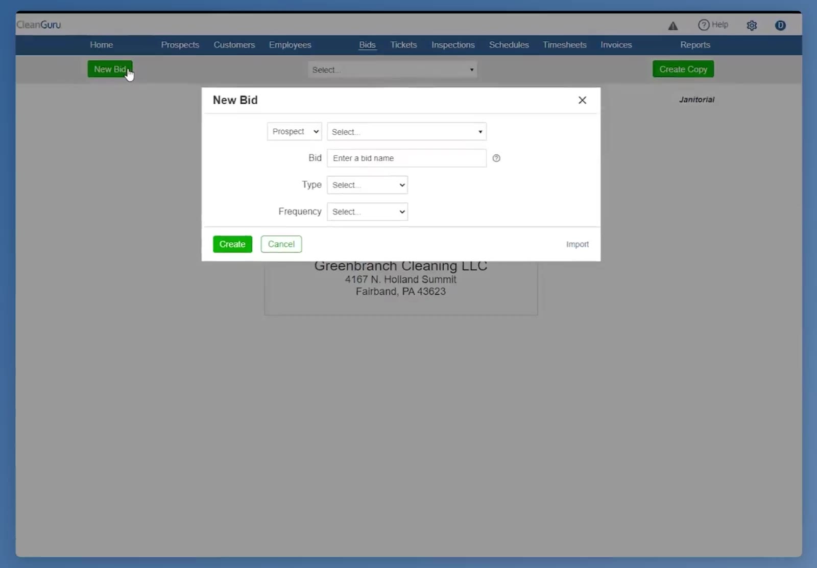 The Bids bar with the green New Bid button, and the New Bid box asking for the customer, bid name, type and frequency.
