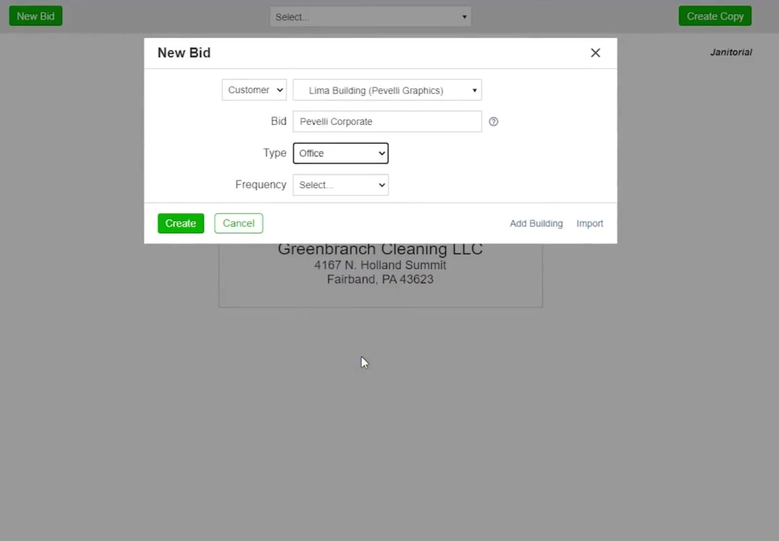 The New Bid box filled in — a customer, a building shown as Lima Building (Pevelli Graphics), a bid name and a building type.