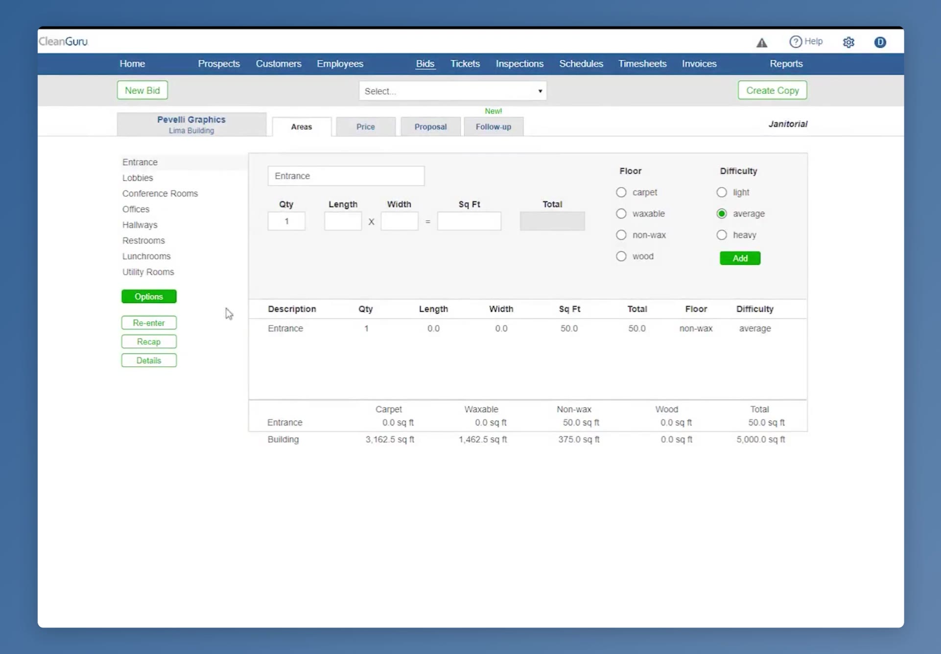 The Areas tab after measuring: the area list on the left, with the green Options button just below it.
