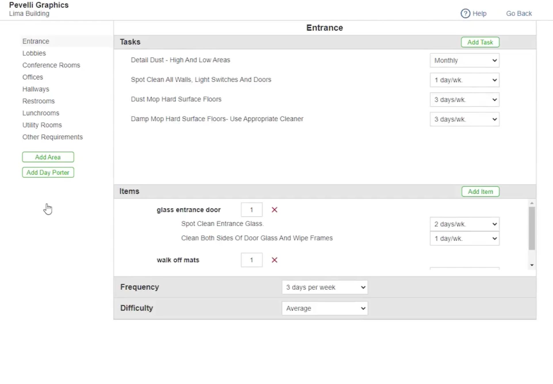 The tasks and items screen for one area, reached with the Options button.